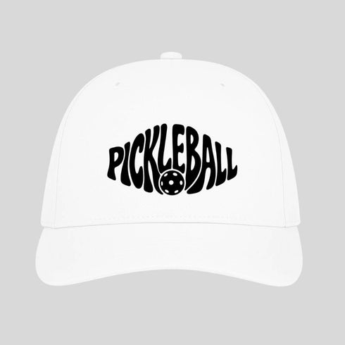 White cap with 'Pickleball' text and pickleball ball graphic on a gray background